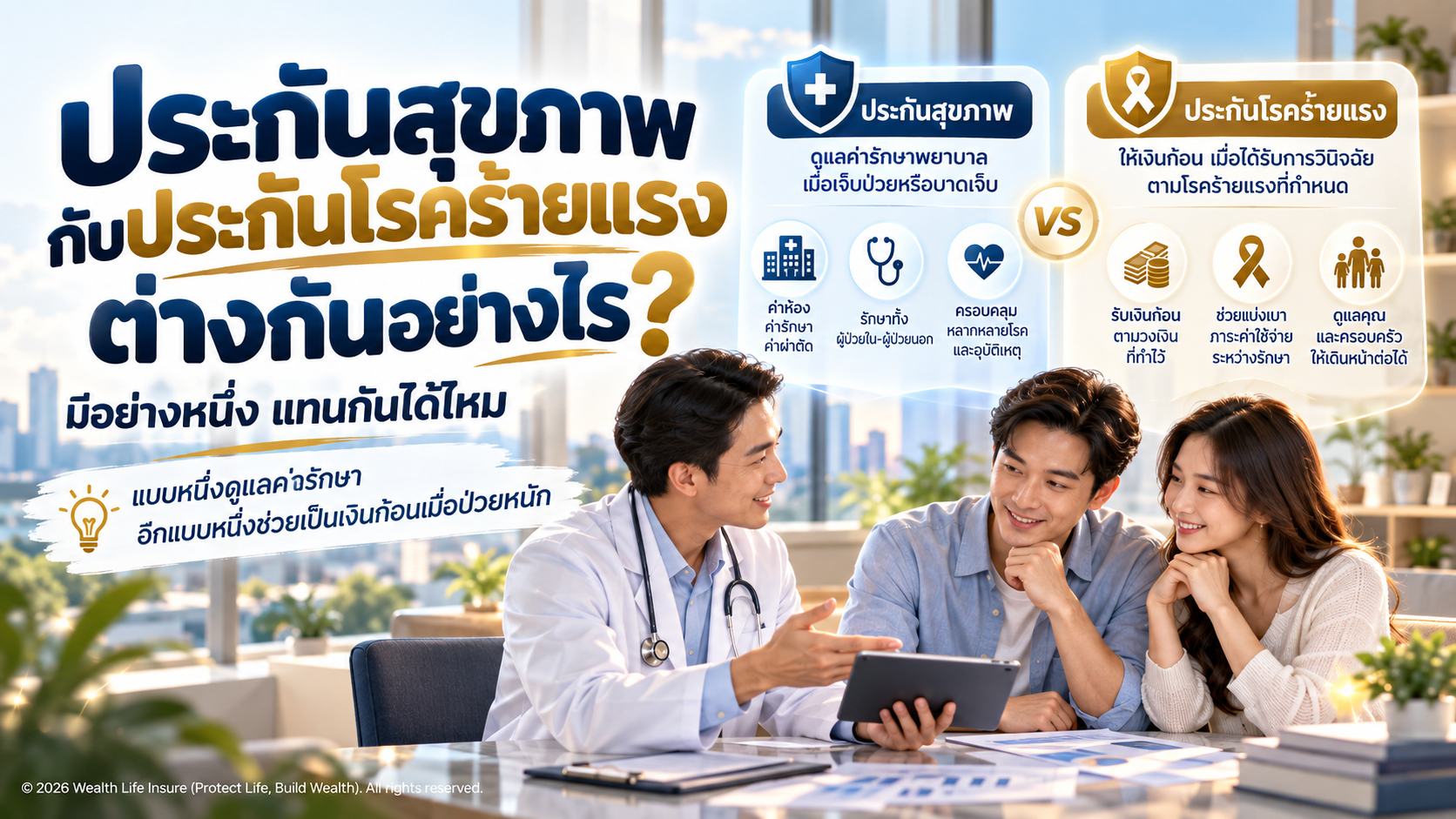 ประกันสุขภาพกับประกันโรคร้ายแรงต่างกันอย่างไร? มีอย่างหนึ่งแทนกันได้ไหม