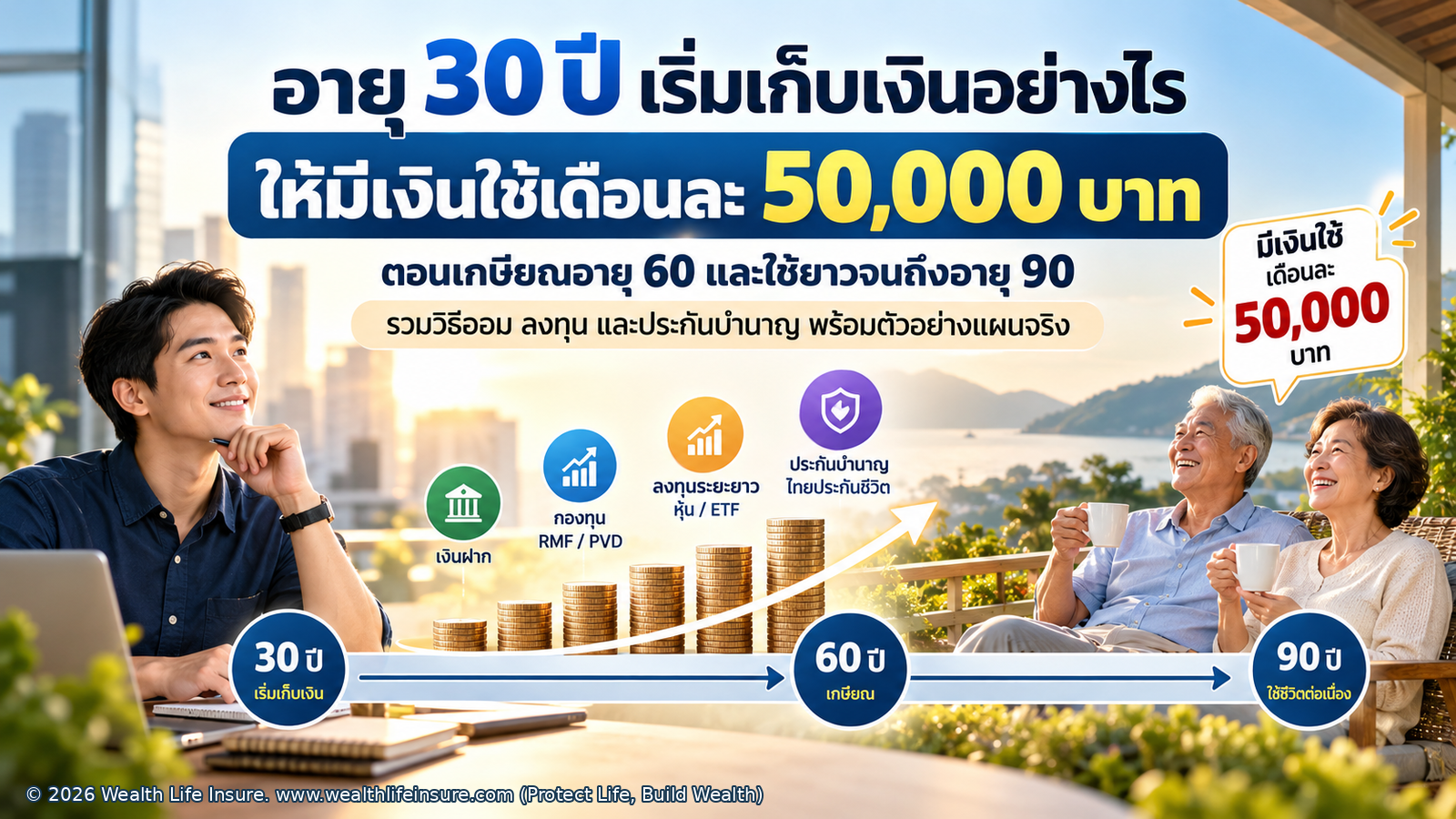 อายุ 30 ปี อยากเกษียณตอน 60 มีเงินใช้เดือนละ 50,000 บาทจนถึงอายุ 90 ต้องเก็บเงินอย่างไร?